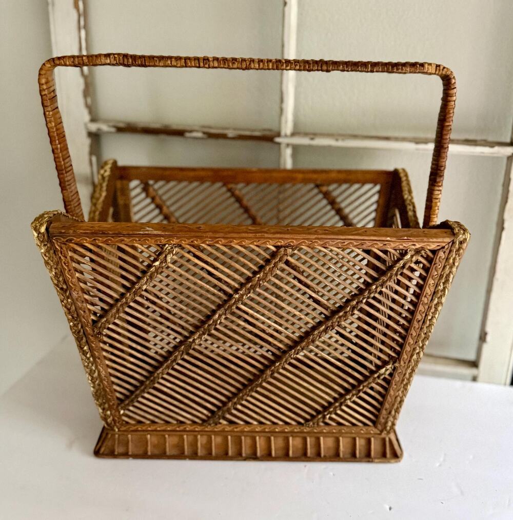 Vintage Wicker Magazine Rack | Mid Century Rattan Magazine Holder | Boho Woven